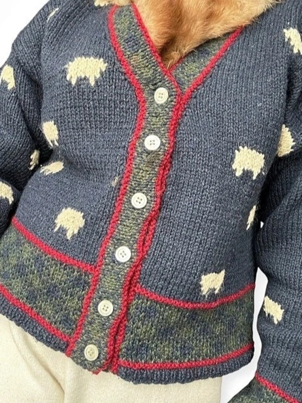 Wool Sheep Knit Cardigan Navy Red Green S/M EUC